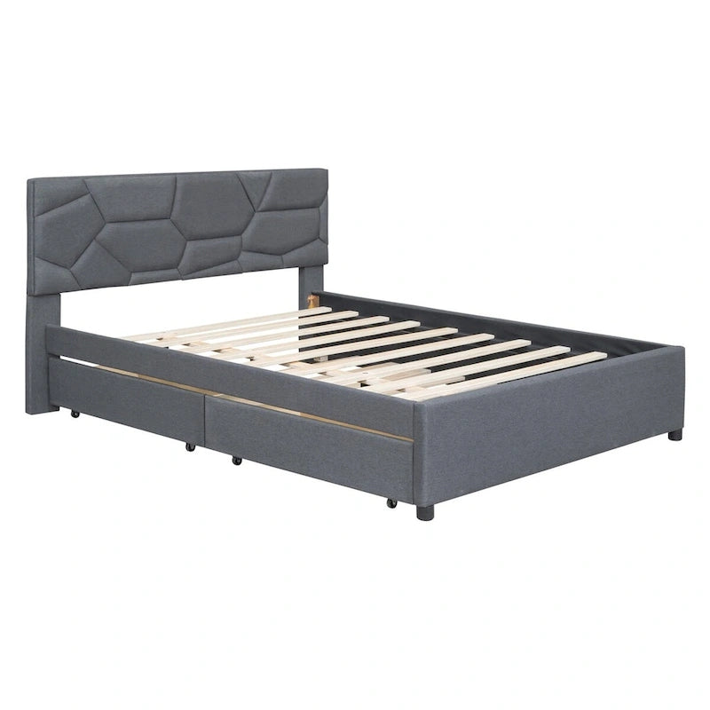 Lit plateforme en lin Queen Size avec lit gigogne double et tiroirs