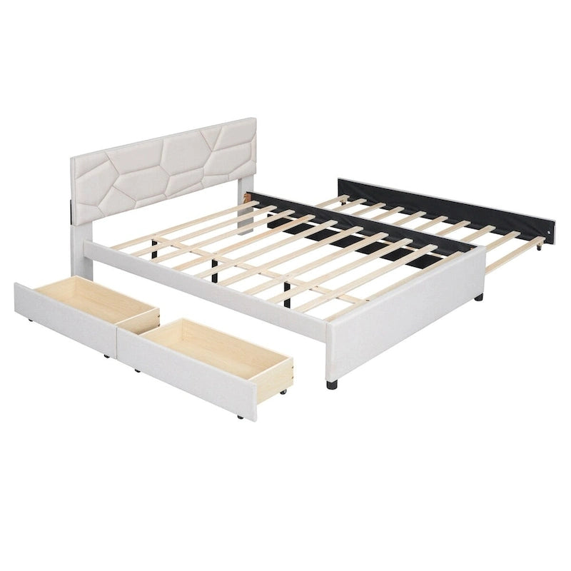 Lit plateforme en lin Queen Size avec lit gigogne double et tiroirs