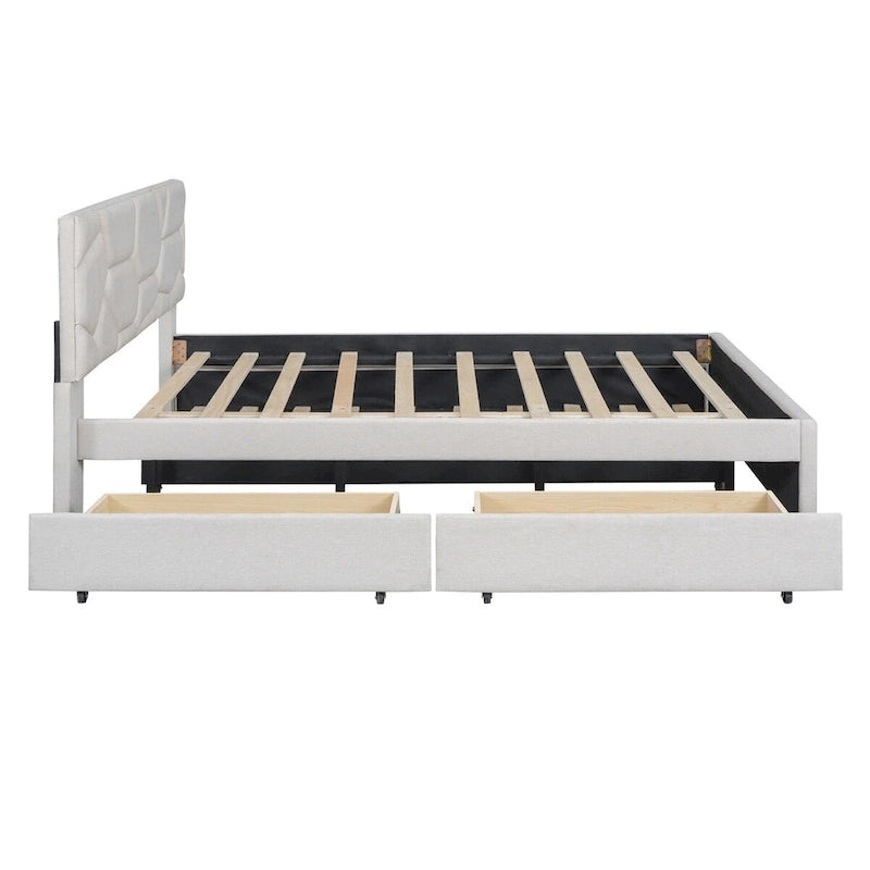 Lit plateforme en lin Queen Size avec lit gigogne double et tiroirs