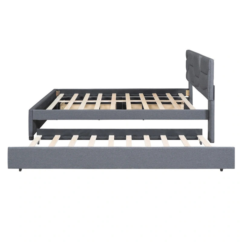 Lit plateforme en lin Queen Size avec lit gigogne double et tiroirs