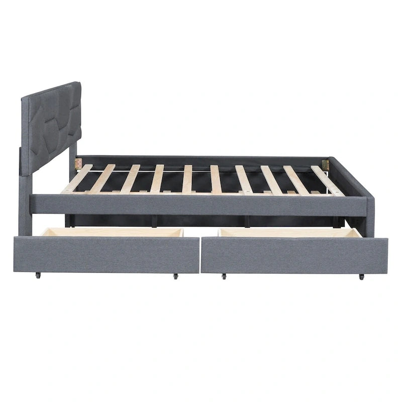 Lit plateforme en lin Queen Size avec lit gigogne double et tiroirs