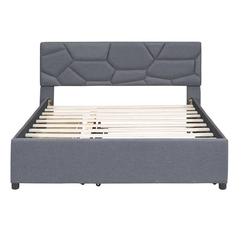 Lit plateforme en lin Queen Size avec lit gigogne double et tiroirs