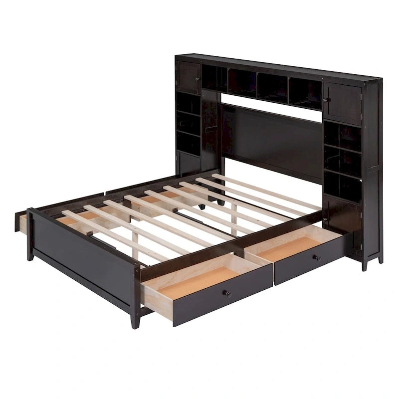 Lit double en bois avec armoire et étagère tout-en-un