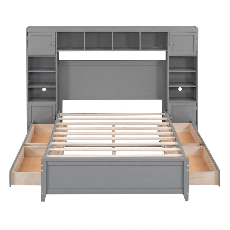 Lit double en bois avec armoire et étagère tout-en-un