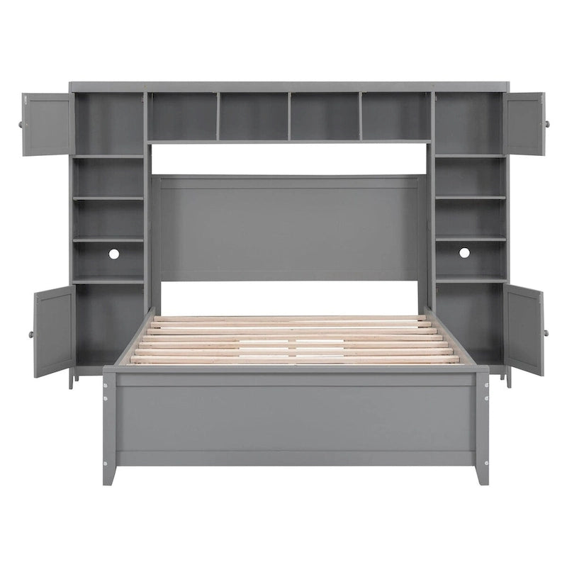 Lit double en bois avec armoire et étagère tout-en-un