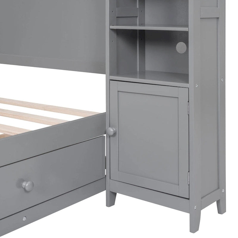 Lit double en bois avec armoire et étagère tout-en-un