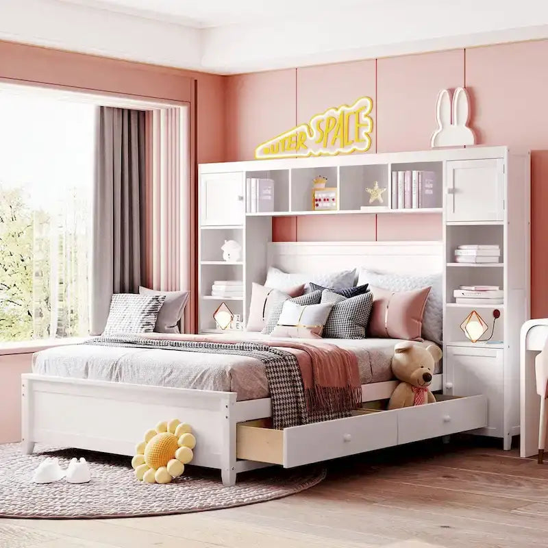 Lit double en bois avec armoire et étagère tout-en-un