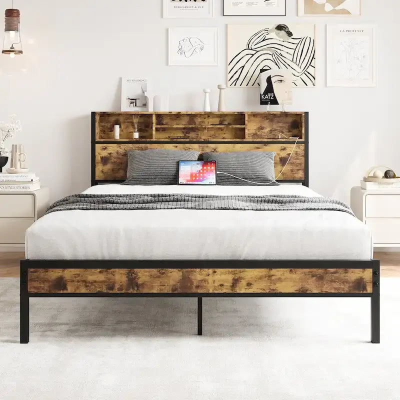 Cadre de lit Queen Size avec tête de lit de rangement, plateforme de lit en métal avec station de recharge, rangement bibliothèque, aucun sommier tapissier requis