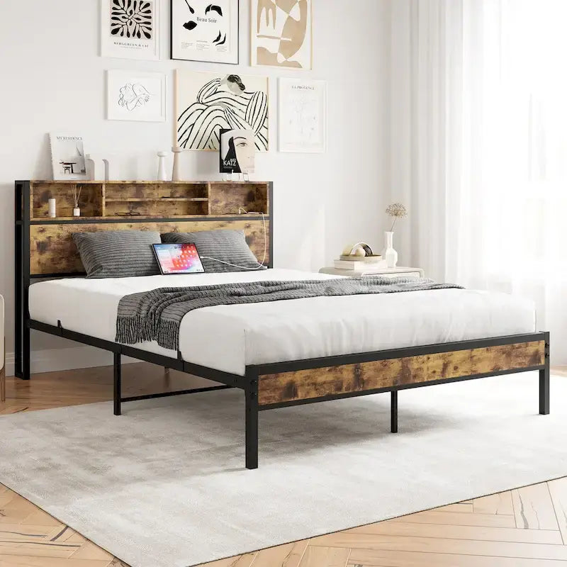 Cadre de lit Queen Size avec tête de lit de rangement, plateforme de lit en métal avec station de recharge, rangement bibliothèque, aucun sommier tapissier requis