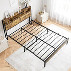 Cadre de lit Queen Size avec tête de lit de rangement, plateforme de lit en métal avec station de recharge, rangement bibliothèque, aucun sommier tapissier requis