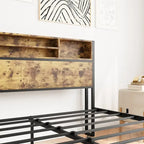 Cadre de lit Queen Size avec tête de lit de rangement, plateforme de lit en métal avec station de recharge, rangement bibliothèque, aucun sommier tapissier requis