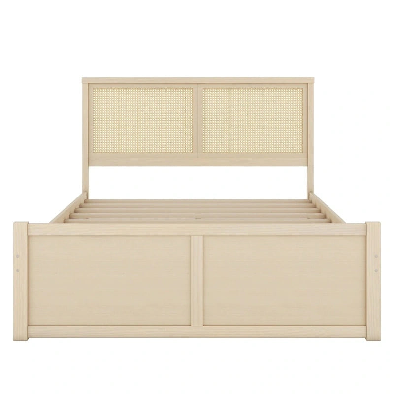 Lit plateforme de rangement Queen en bois avec 4 tiroirs et tête de lit en rotin