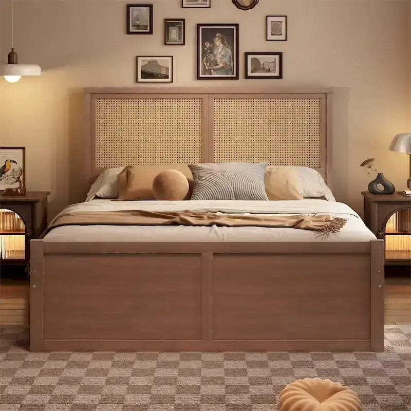 Lit plateforme de rangement Queen en bois avec 4 tiroirs et tête de lit en rotin