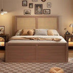 Lit plateforme de rangement Queen en bois avec 4 tiroirs et tête de lit en rotin