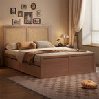 Lit plateforme de rangement Queen en bois avec 4 tiroirs et tête de lit en rotin
