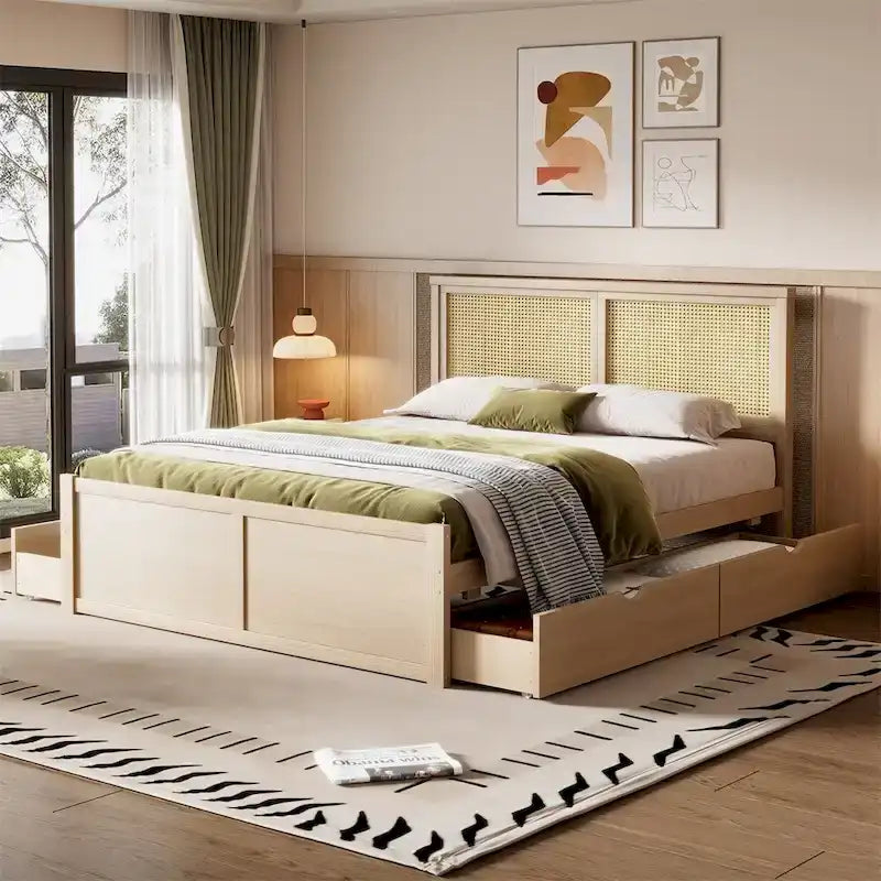 Lit plateforme de rangement Queen en bois avec 4 tiroirs et tête de lit en rotin
