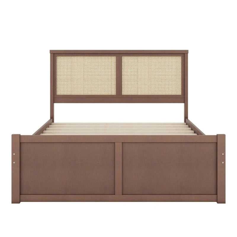 Lit plateforme de rangement Queen en bois avec 4 tiroirs et tête de lit en rotin
