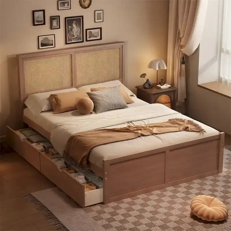 Lit plateforme de rangement Queen en bois avec 4 tiroirs et tête de lit en rotin