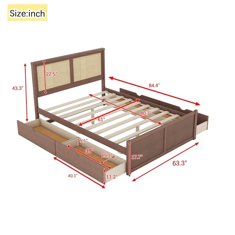 Lit plateforme de rangement Queen en bois avec 4 tiroirs et tête de lit en rotin