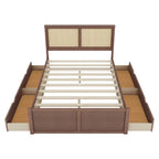 Lit plateforme de rangement Queen en bois avec 4 tiroirs et tête de lit en rotin