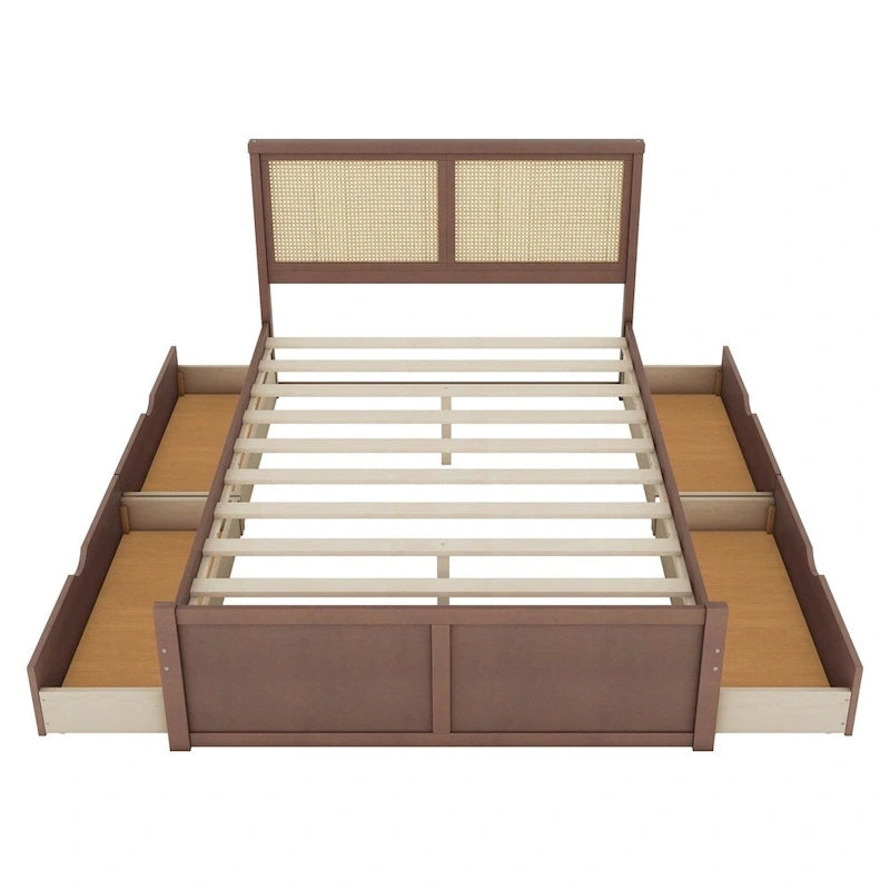 Lit plateforme de rangement Queen en bois avec 4 tiroirs et tête de lit en rotin