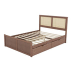Lit plateforme de rangement Queen en bois avec 4 tiroirs et tête de lit en rotin