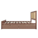 Lit plateforme de rangement Queen en bois avec 4 tiroirs et tête de lit en rotin