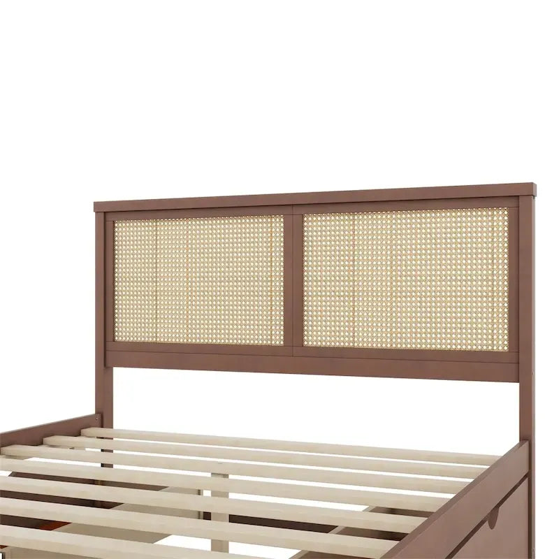 Lit plateforme de rangement Queen en bois avec 4 tiroirs et tête de lit en rotin