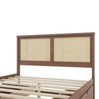 Lit plateforme de rangement Queen en bois avec 4 tiroirs et tête de lit en rotin