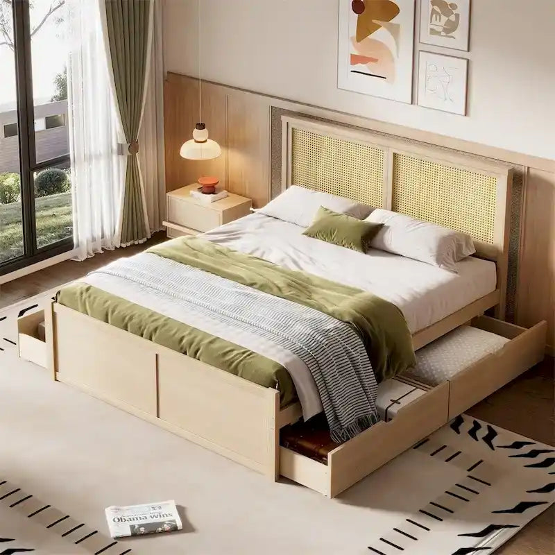 Lit plateforme de rangement Queen en bois avec 4 tiroirs et tête de lit en rotin