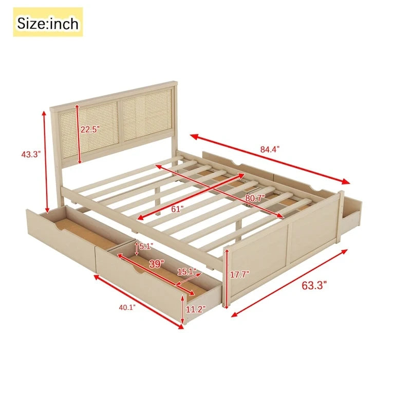 Lit plateforme de rangement Queen en bois avec 4 tiroirs et tête de lit en rotin