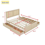 Lit plateforme de rangement Queen en bois avec 4 tiroirs et tête de lit en rotin