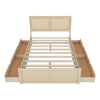 Lit plateforme de rangement Queen en bois avec 4 tiroirs et tête de lit en rotin
