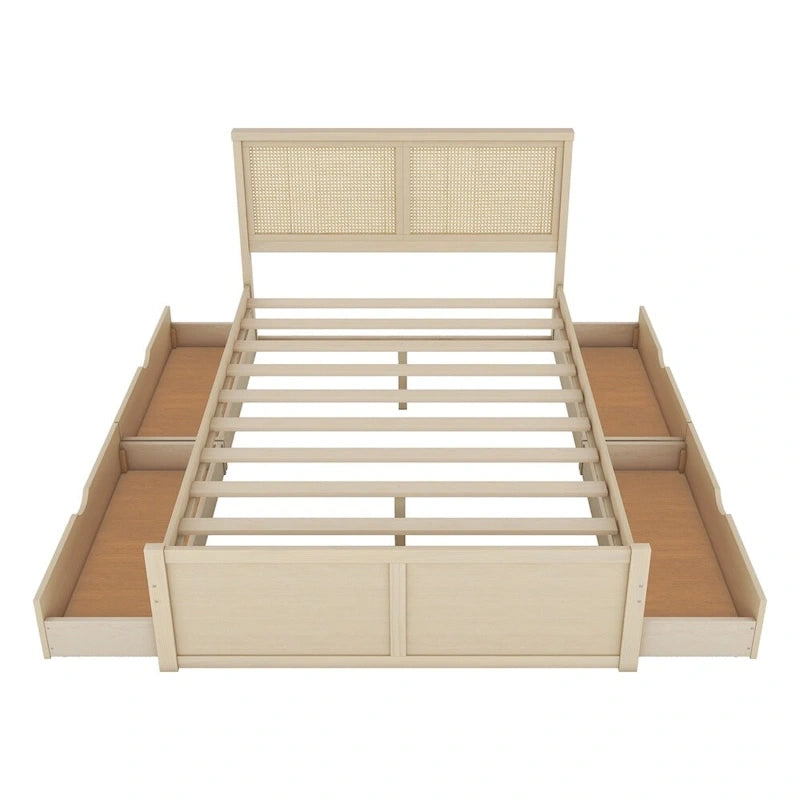Lit plateforme de rangement Queen en bois avec 4 tiroirs et tête de lit en rotin