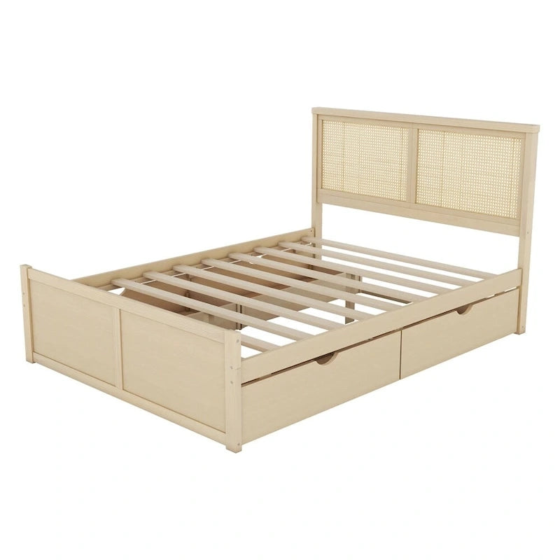 Lit plateforme de rangement Queen en bois avec 4 tiroirs et tête de lit en rotin