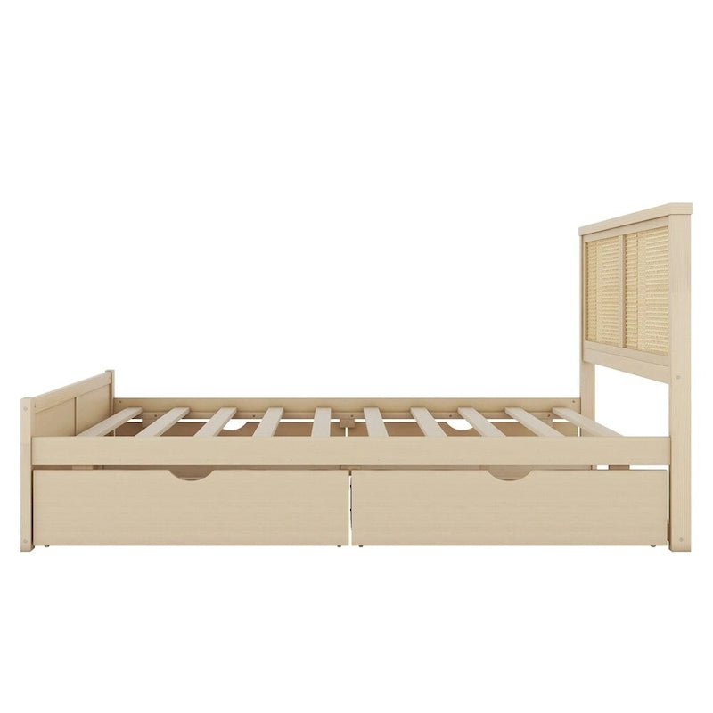 Lit plateforme de rangement Queen en bois avec 4 tiroirs et tête de lit en rotin