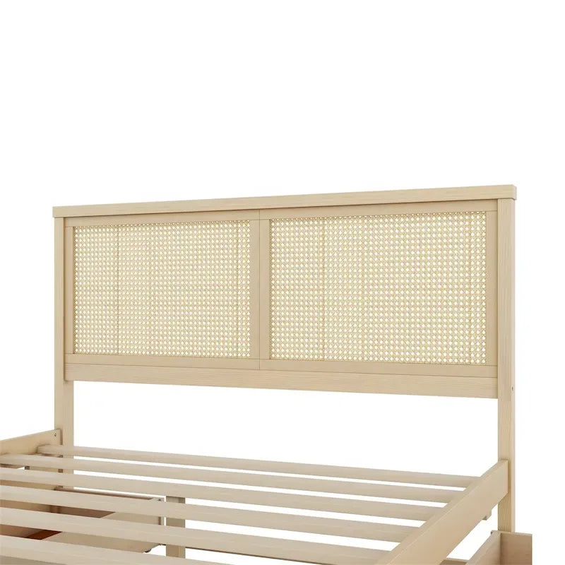 Lit plateforme de rangement Queen en bois avec 4 tiroirs et tête de lit en rotin