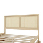 Lit plateforme de rangement Queen en bois avec 4 tiroirs et tête de lit en rotin