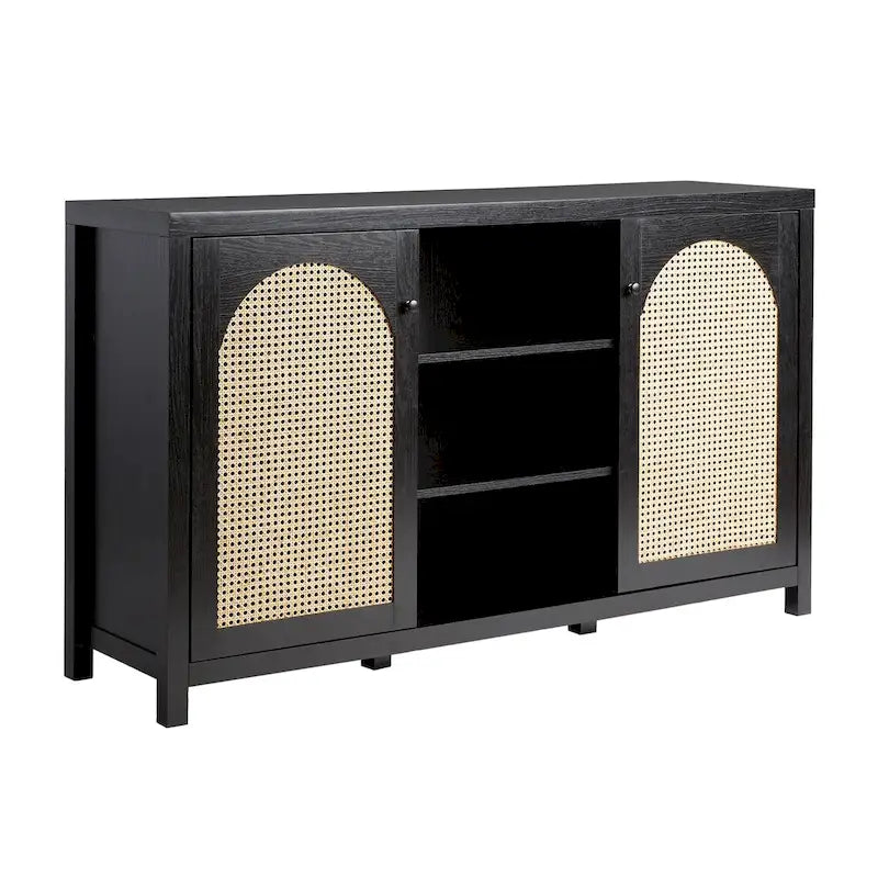 Buffet de rangement 58 po à 2 portes de style transitionnel avec panneaux en rotin arqués pour le salon, la chambre à coucher et le bureau