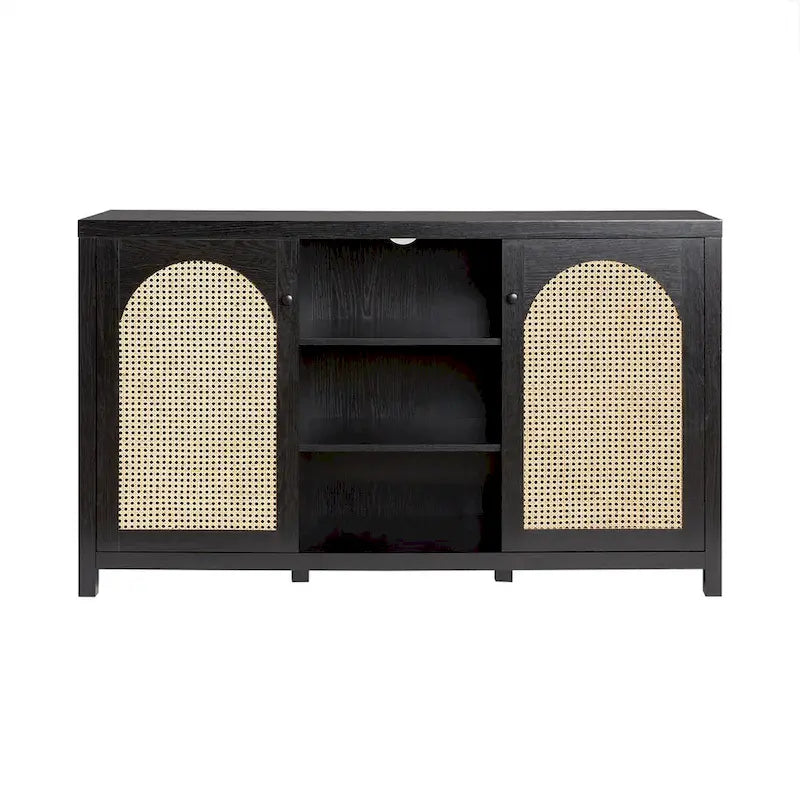 Buffet de rangement 58 po à 2 portes de style transitionnel avec panneaux en rotin arqués pour le salon, la chambre à coucher et le bureau