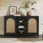 Buffet de rangement 58 po à 2 portes de style transitionnel avec panneaux en rotin arqués pour le salon, la chambre à coucher et le bureau