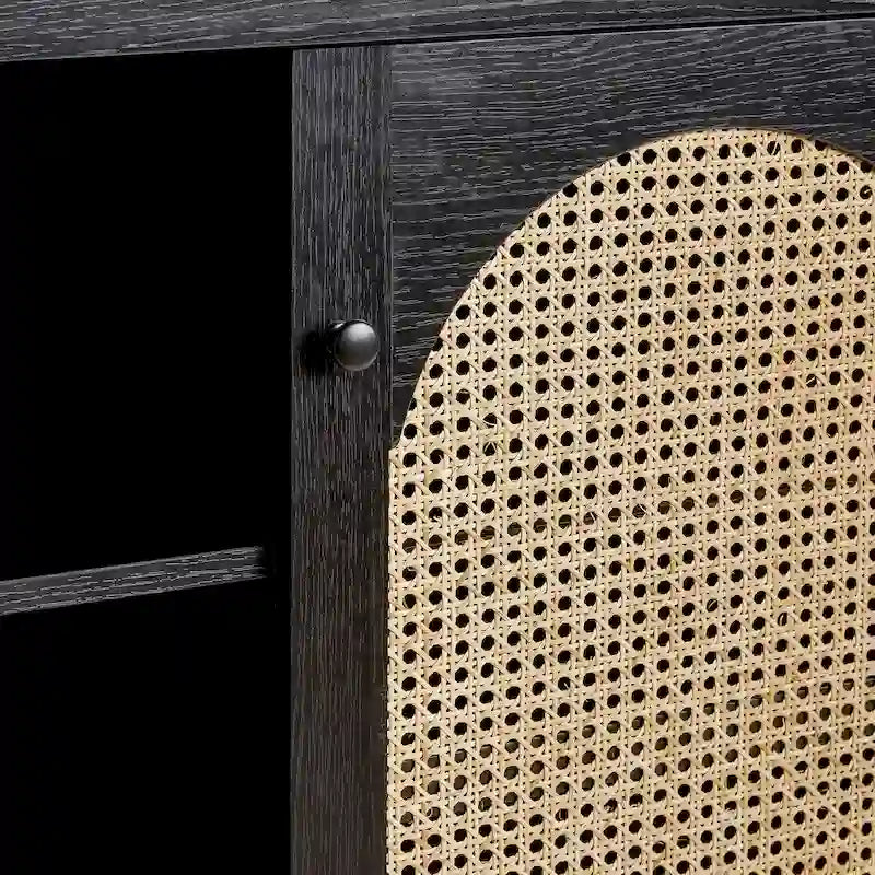 Buffet de rangement 58 po à 2 portes de style transitionnel avec panneaux en rotin arqués pour le salon, la chambre à coucher et le bureau