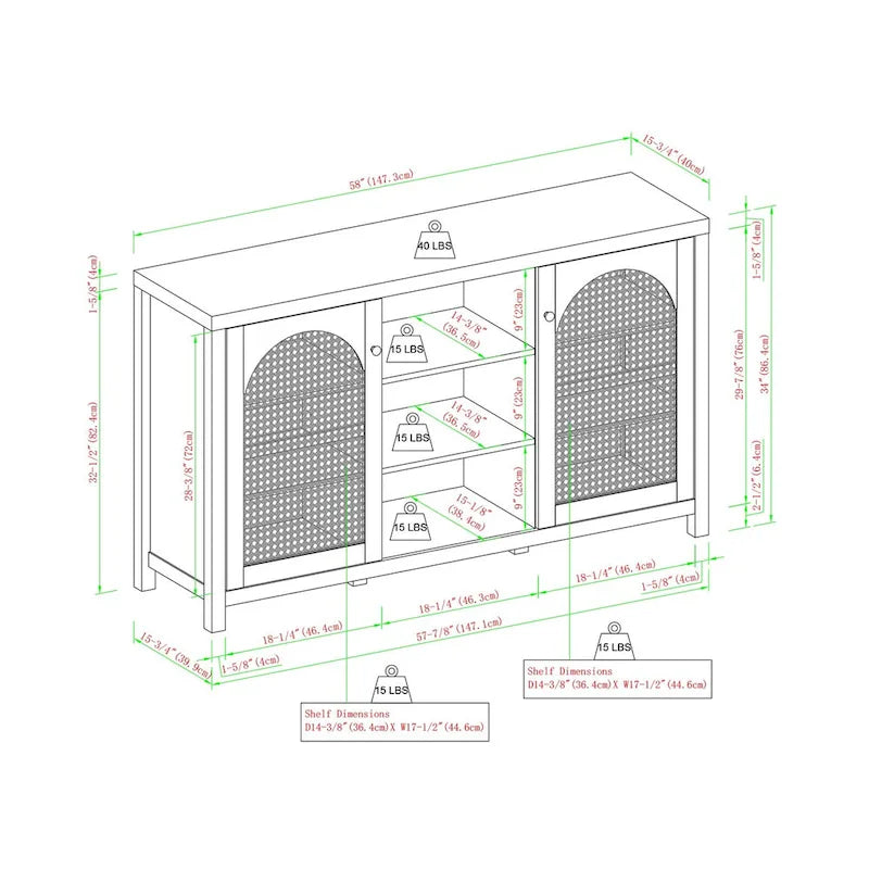 Buffet de rangement 58 po à 2 portes de style transitionnel avec panneaux en rotin arqués pour le salon, la chambre à coucher et le bureau