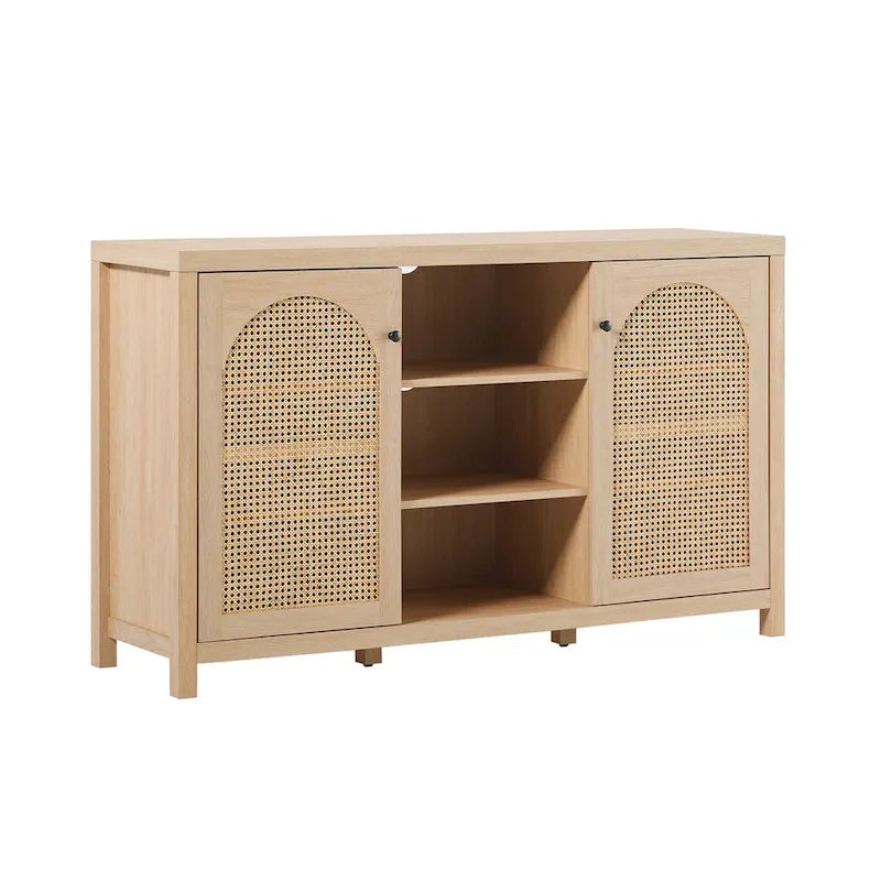 Buffet de rangement 58 po à 2 portes de style transitionnel avec panneaux en rotin arqués pour le salon, la chambre à coucher et le bureau