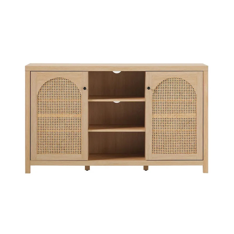 Buffet de rangement 58 po à 2 portes de style transitionnel avec panneaux en rotin arqués pour le salon, la chambre à coucher et le bureau