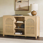 Buffet de rangement 58 po à 2 portes de style transitionnel avec panneaux en rotin arqués pour le salon, la chambre à coucher et le bureau