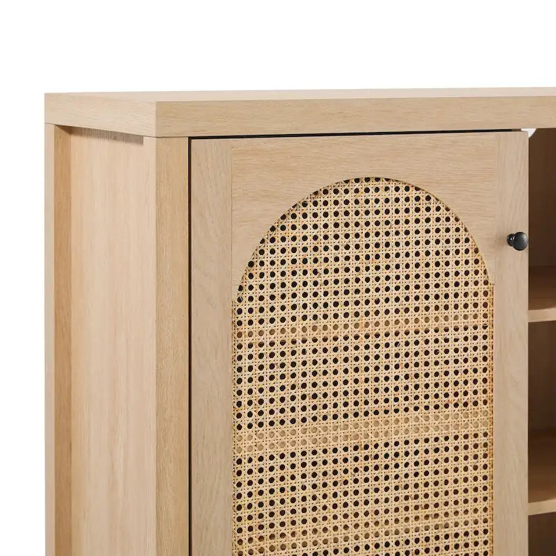 Buffet de rangement 58 po à 2 portes de style transitionnel avec panneaux en rotin arqués pour le salon, la chambre à coucher et le bureau