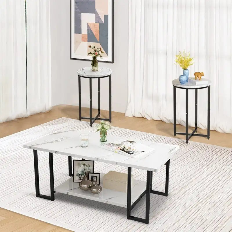 Ensemble de 3 tables basses de style moderne avec 2 tables d'appoint, ensemble de 3 tables de salon avec plateau en faux marbre