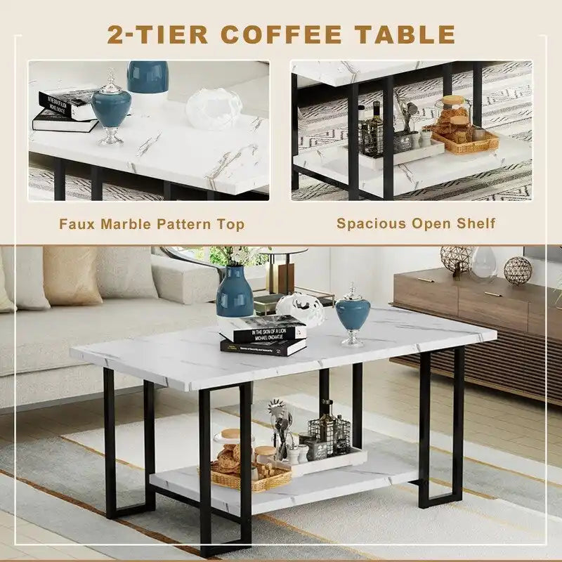 Ensemble de 3 tables basses de style moderne avec 2 tables d'appoint, ensemble de 3 tables de salon avec plateau en faux marbre