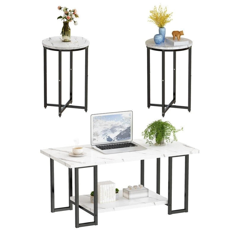 Ensemble de 3 tables basses de style moderne avec 2 tables d'appoint, ensemble de 3 tables de salon avec plateau en faux marbre